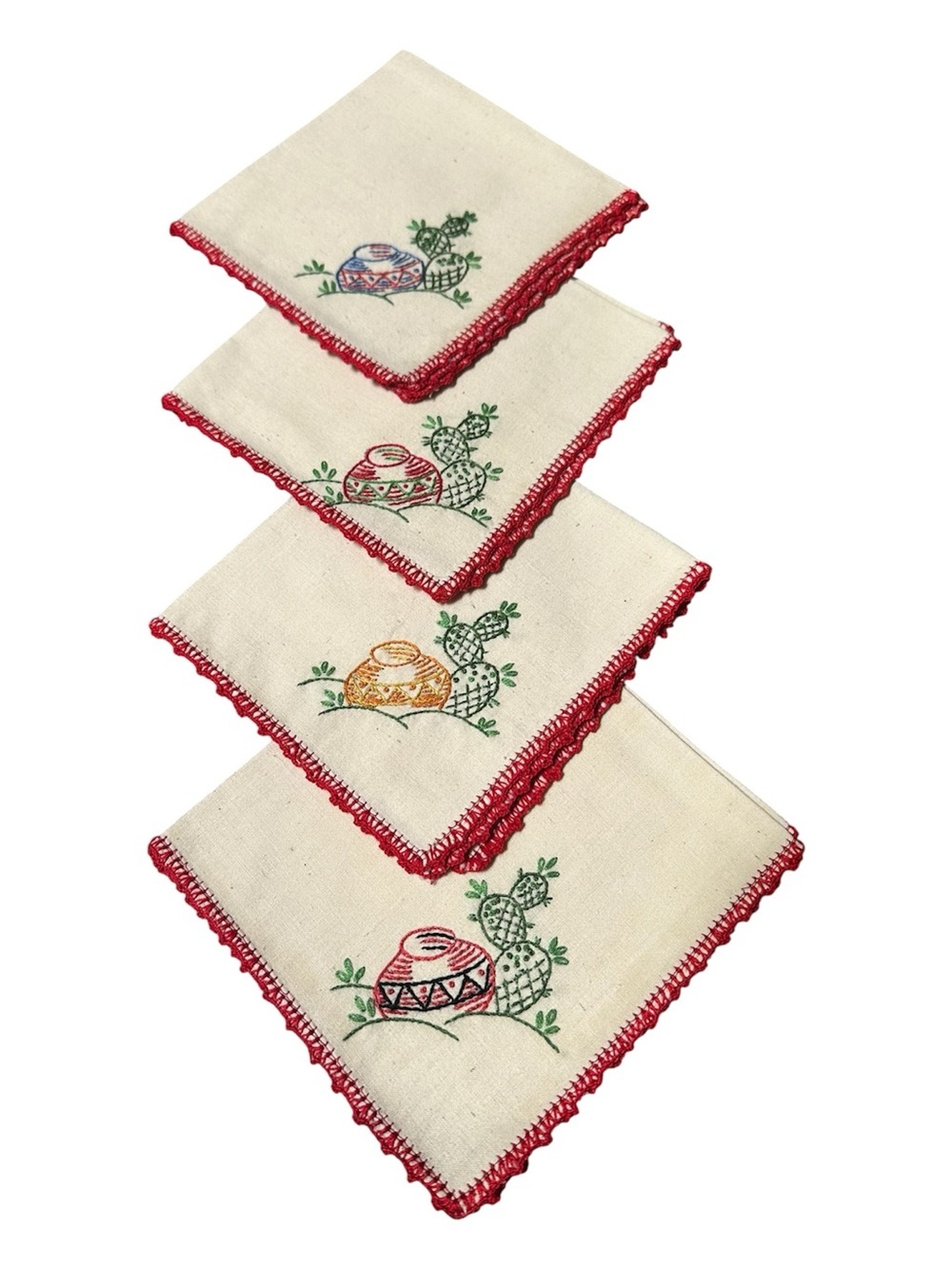 Embroidered Cactus Napkin Set with Red Crochet Edge